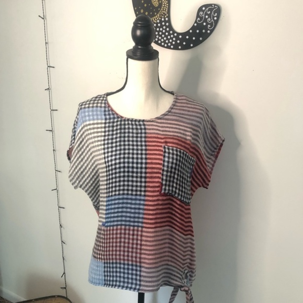 Ivy Jane Striped Gingham Tie Front Blouse
